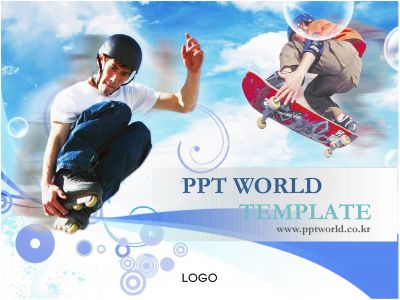 스케이트 인라인스케이트 PPT 템플릿 푸른 하늘 배경 속 스케이트보드를 타는 젊은이