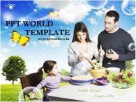 식사 샐러드 PPT 템플릿 전원풍경 속 샐러드 요리하는 가족_슬라이드1