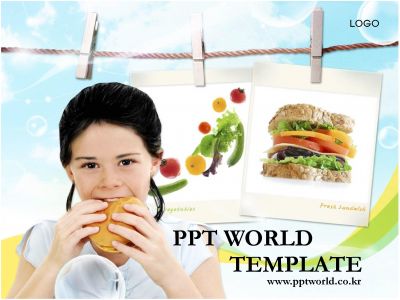 채소 아이 PPT 템플릿 화사한 배경 속 샌드위치 먹는 소녀
