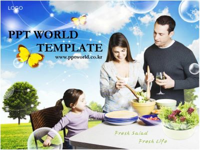 식사 샐러드 PPT 템플릿 전원풍경 속 샐러드 요리하는 가족(메인)